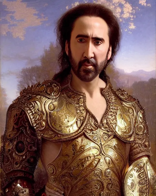 Image similar to Nicolas Cage, dressed in ornate, detailed, intricate iridescent opal armor, detailed oil painting by William Adolphe Bouguereau and Donato Giancola