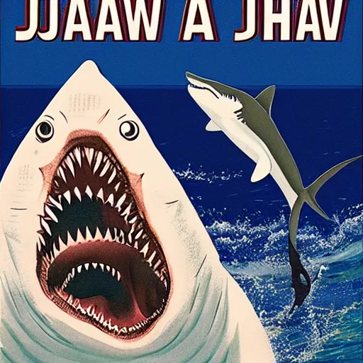Prompt: jaws movie poster, a shark sitting on the ocean floor in a chair reading a book