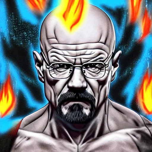 Image similar to buff Walter White Hadoken a ball of blue fire, accurate anatomy, accurate hands, highly detailed, digital art,