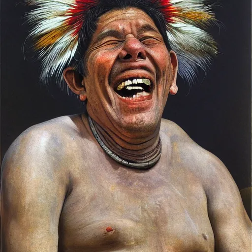 Image similar to high quality high detail painting by lucian freud, hd, portrait of a indigenous tribe leader laughing, photorealistic lighting