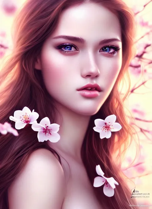 Image similar to a gorgeous female photo, professionally retouched, soft lighting, half body shot, realistic, smooth face, perfect eyes, symmetrical, wide angle, sharp focus on face, 8 k high definition, insanely detailed, intricate, elegant, art by artgerm, cherry blossoms