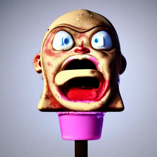 Image similar to ice cream popsicle shaped like screaming chucky doll, octane render, centered, slightly melted