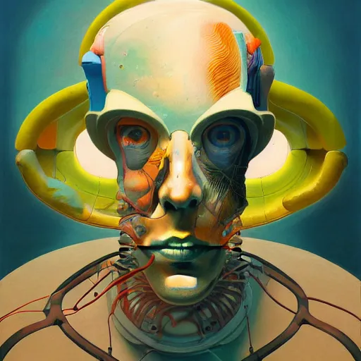 Prompt: Portrait of an abstract visual of artificial intelligence with neural network inside his brain, open ceiling, highly detailed, very coherent, whale carcass, painted by Francis Bacon and Edward Hopper, Wayne Barlowe, painted by James Gilleard, surrealism, airbrush, art by JamesJean