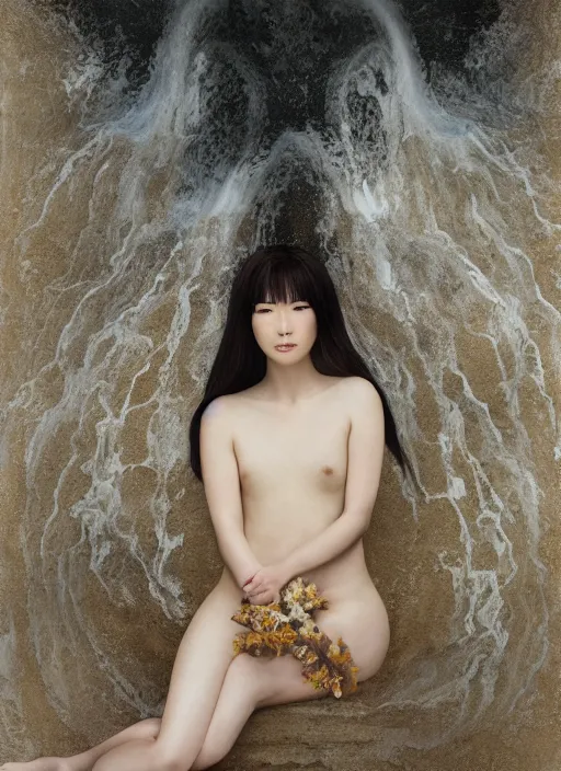 Image similar to Kodak Portra 400, 8K, soft light, volumetric lighting, highly detailed, Kasumi Arimura style 3/4 ,portrait photo of Japanese princess, the face emerges from a thermal water flowing down gold travertine terraces, with lotus flowers, inspired by Ophelia paint , a beautiful luxurious royal suit, intricate hair with highly detailed realistic beautiful flowers , Realistic, Refined, Highly Detailed, ethereal lighting colors scheme, outdoor fine art photography, Hyper realistic, photo realistic