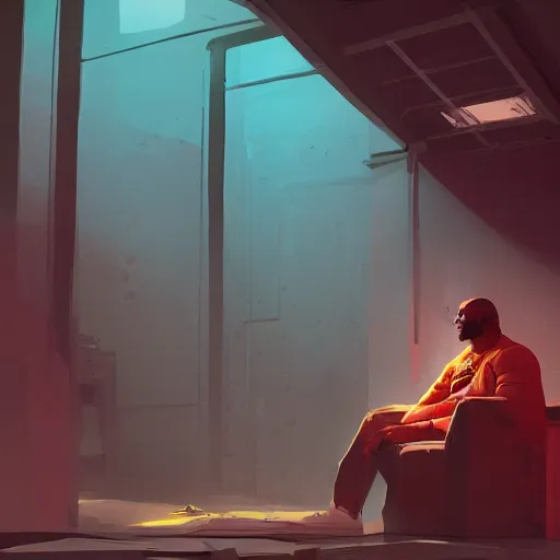 Image similar to a sad man sitting in a room bound by colorful construction paper chains, dramatic lighting, cinematic, establishing shot, extremely high detail, photo realistic, cinematic lighting, post processed, concept art, artstation, matte painting, style by eddie mendoza, raphael lacoste, alex ross