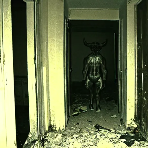 Image similar to hi - 8 night vision camera footage of a barely visible, bipedal minotaur with shrouded in darkness at the end of an extremely dark hallway in an abandoned house