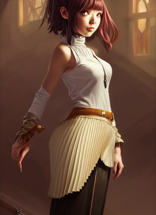 Image similar to portrait of a full body of beautiful young female detective, d & d, sleeveless turtleneck, pleated skirt, fantasy, flat lighting, intricate, highly detailed, digital painting, artstation, concept art, smooth, sharp focus, illustration, misa amane, art by simon bisley and greg rutkowski and alphonse mucha, natural tpose