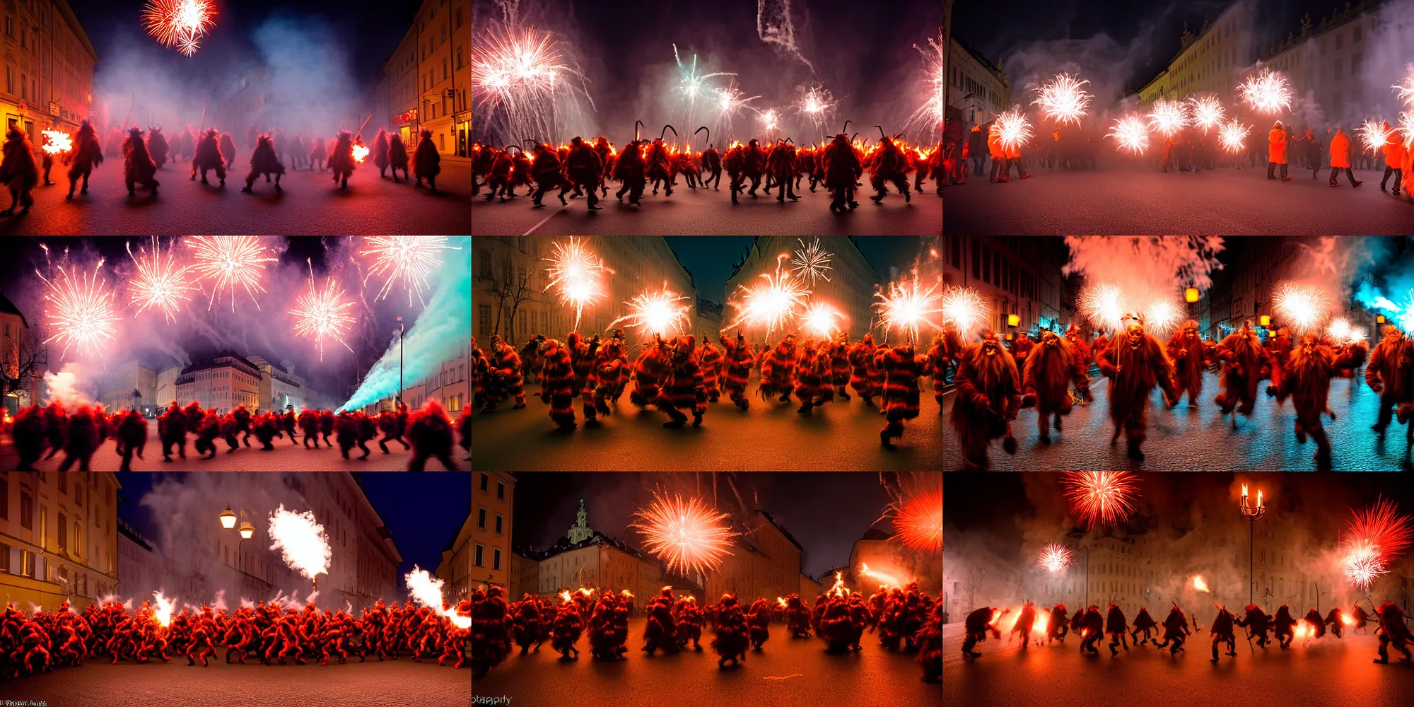 Image similar to kodak portra 4 0 0, winter, hellfire, award winning dynamic photograph of a bunch of hazardous krampus by robert capas, in muted colours, striped orange and teal, motion blur, on a street in salzburg at night with colourful pyro fireworks and torches