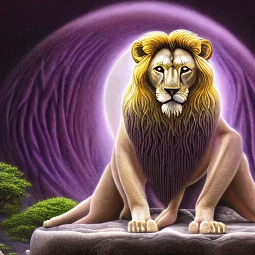 Image similar to an anthromorphic lion meditating in a zen garden with a waterfall under the blood moon, by Adi granov and afarin sajedi and amanda sage and evgeni gordiets and Agostino Arrivabene and adonna khare in a psychedelic portrait style, ultrarealistic matte painting, volumetric lighting, fractal, extremely symmetrical, highly detailed face, orisha, 8k, hd