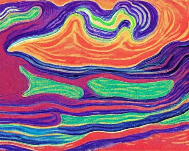 Image similar to Ocean waves in a psychedelic dream world. DMT. Curving rivers. Craggy mountains. Landscape painting by Edvard Munch. David Hockney. Wayne Thiebaud.