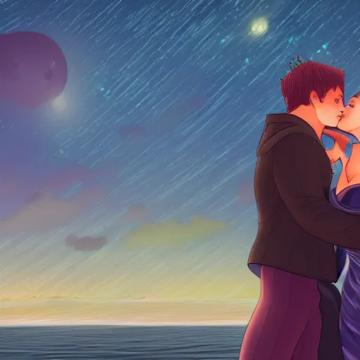 Prompt: seifer almasy kissing rinoa heartilly under the moonlight, with the night sea in the background.