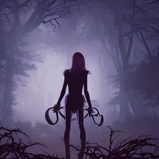 Prompt: iron maiden in the dark forest by ilya kuvshinov, zemyata hd 8k