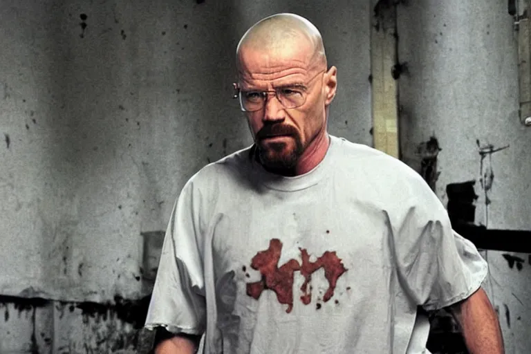 Image similar to medium full shot of walter white as a white gang member wearing a purple head covering made from a polyester material and a stained white tank top dealing crack in the prison yard in the new movie directed by ice cube, movie still frame, arms covered in gang tattoo, promotional image, critically condemned, top 1 5 worst movie ever imdb list, public condemned, relentlessly detailed