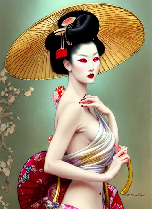 glamorous and sexy Geisha, beautiful pale makeup