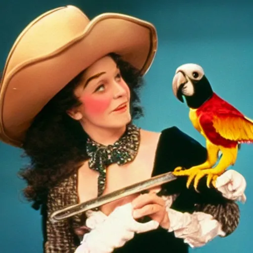 Image similar to Swashbuckling pirate holding her parrot, colorized still from the movie a trip to the moon