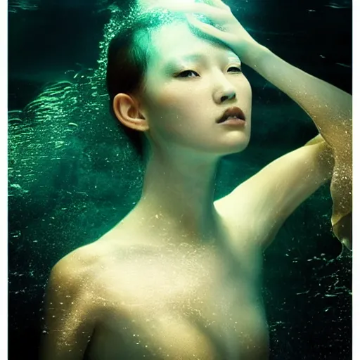 Image similar to A beautiful artistic underwater portrait by Zhang Jingna, volumetric lighting, golden light