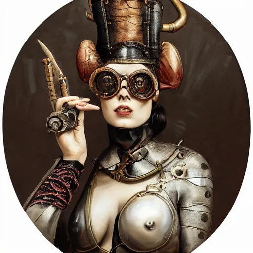 Image similar to a hyperrealistic portrait painting of a beautiful woman with demonic horns wearing steampunk goggles and ornate leather armor, holding a hi - tech weapon, by santiago caruso, highly detailed,