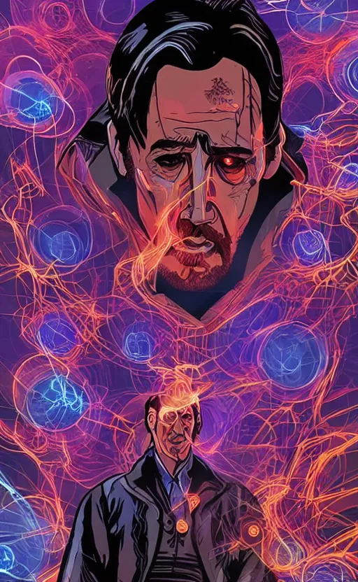 Prompt: nicolas cage as Doctor Strange, dramatic lighting, style of mcbess + Laurie Greasley + Satoshi Kon, symmetric lights and smoke, psychedelic effects, glowing particles, neon smoke