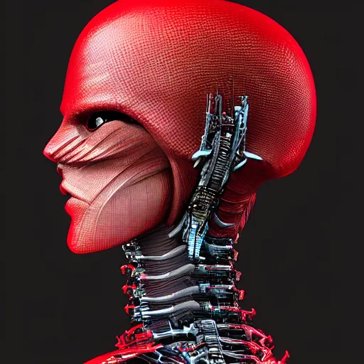 Prompt: sophisticated portrait of red - tinged, atmospheric, misty, leds, futuristic cybernetic warrior alien in profile, highly intricate, detailed humanoid, trending on artstation