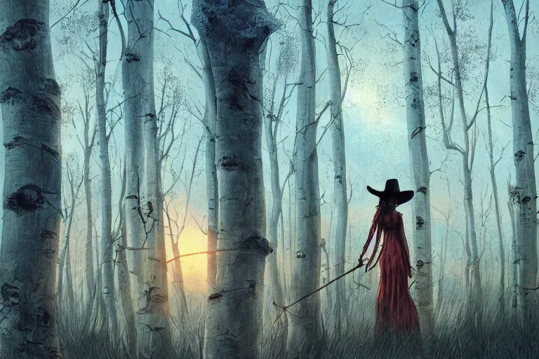 Prompt: a witch standing in an old aspen forest, digital art, illustration, sunset, by wlop, by junji ito, fantasy horror