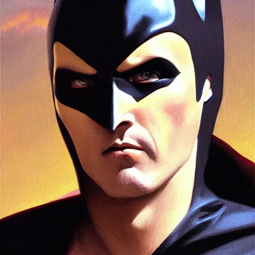 Image similar to Painting of Michael Keaton as Batman. Art by william adolphe bouguereau. During golden hour. Extremely detailed. Beautiful. 4K. Award winning.