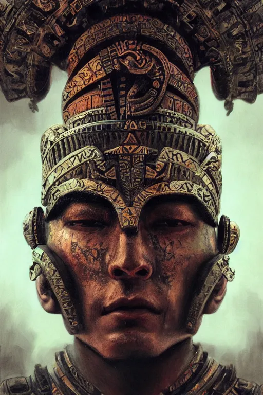 Image similar to aztec god, close - up portrait, powerfull, intricate, elegant, volumetric lighting, scenery, digital painting, highly detailed, artstation, sharp focus, illustration, concept art, ruan jia, steve mccurry