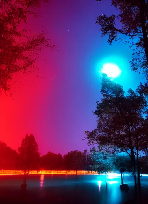 Image similar to photography at night of an ethereal red pond, a central sunlight glare, mystical lights, cyber futuristic lights in the sky, masterpiece, epic, cinematic, hyperealistic photo, high detailed, flashlight at night