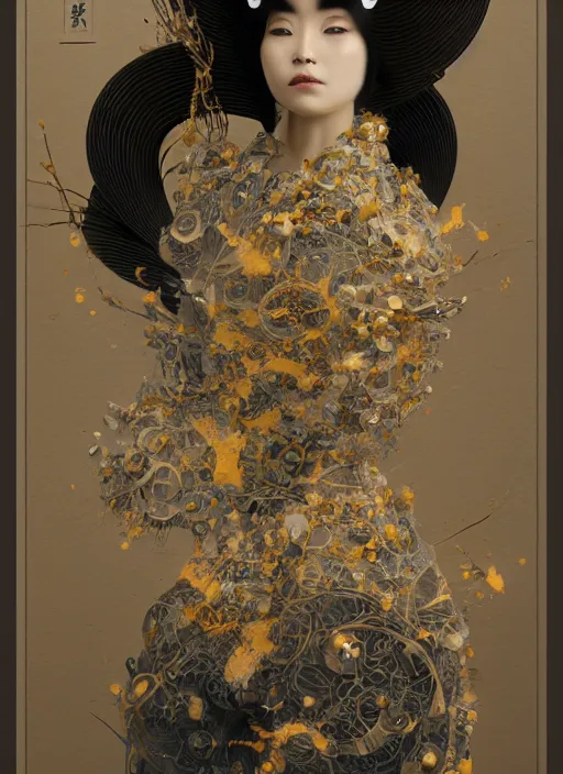 Image similar to portrait of a futuristic geisha, kintsugi, modern fine art, fractal, intricate, elegant, highly detailed, digital photography, subsurface scattering, by jheronimus bosch and greg rutkowski,