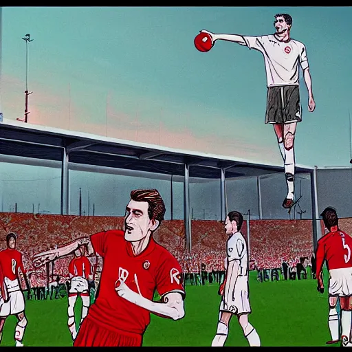 Image similar to Fritz Walter standing above Kaiserslautern as a football god, digital art, colored, highly detailed