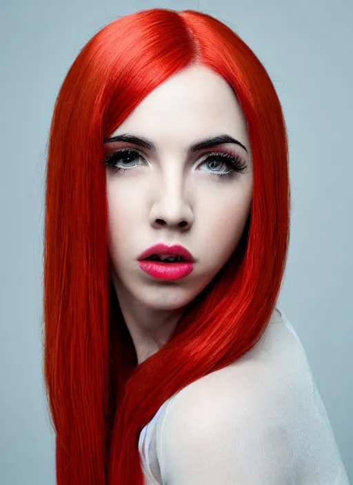 Image similar to ava max bright red hair photographed by charlotte rutherford, canon, highly realistic. high resolution. highly detailed. dramatic. 8 k. 4 k.