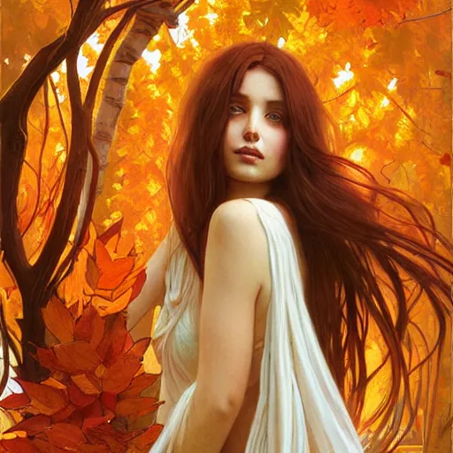 Prompt: person with super long hair, hair becoming autumn red leaves, digital painting, art by artgerm and greg rutkowski and alphonse mucha