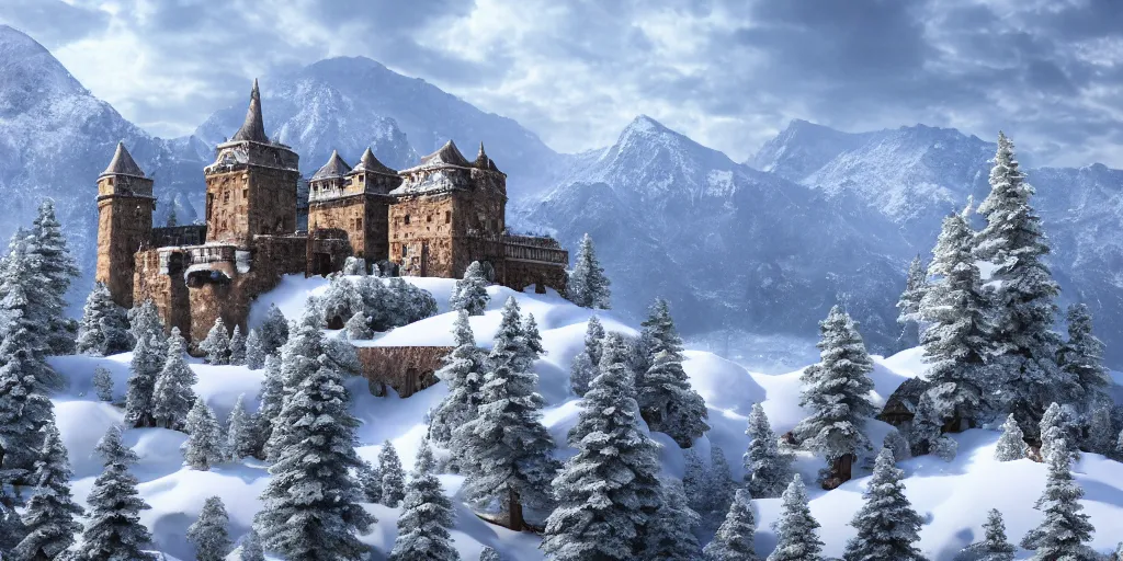 Prompt: an ancient castle on a snowy mountain, high detail, high definition, photorealistic, 8k