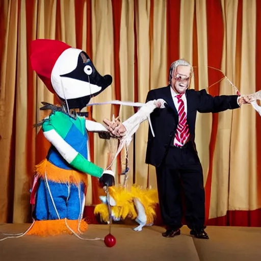 Image similar to puppet show with a puppeteer using a string marionette of a president with clown makeup in a podium