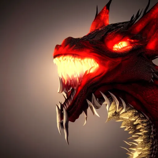 Image similar to portrait of the most fierce dragon ever, burning red eyes, photorealistic, intense lighting, unreal engine