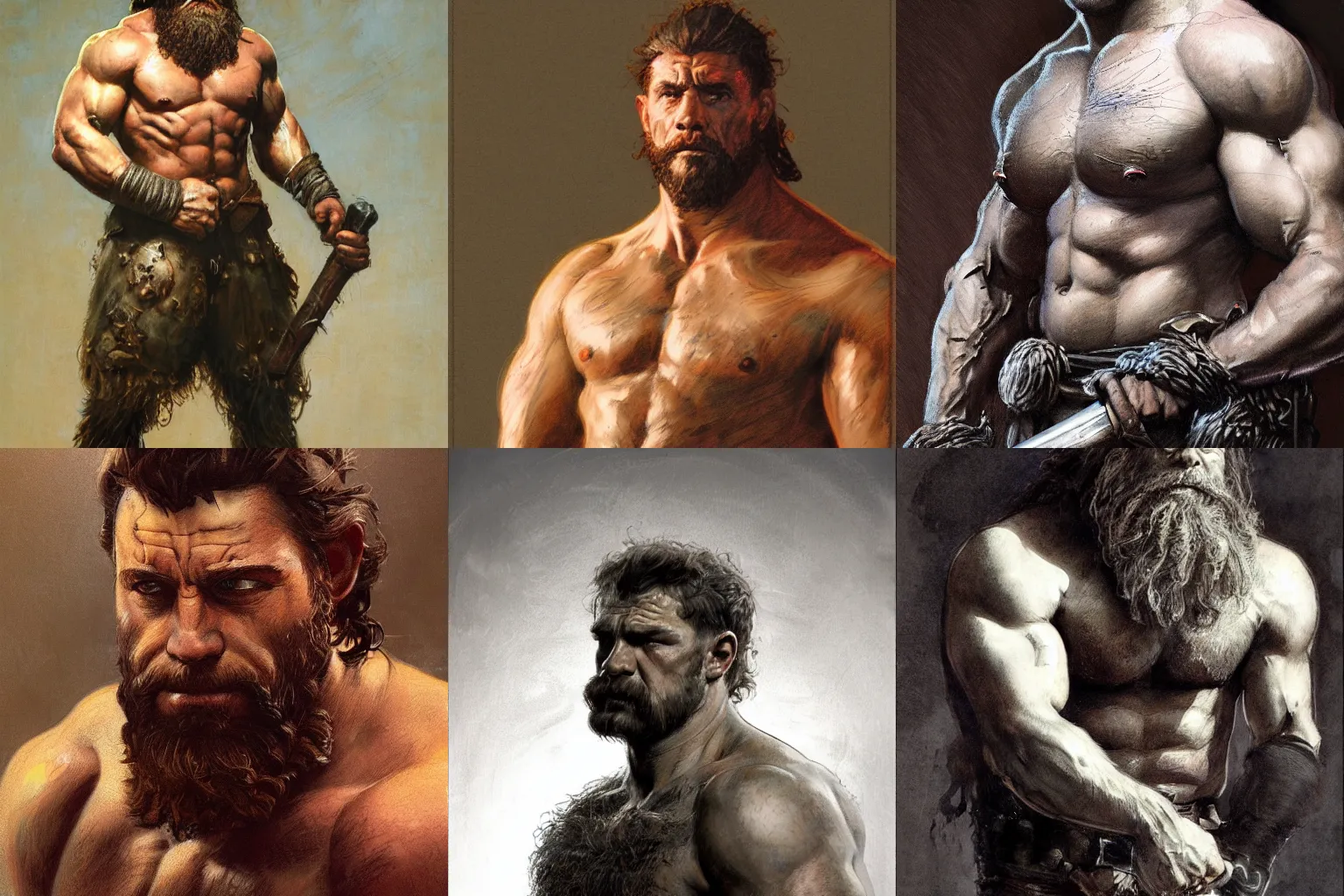 Prompt: portrait of a young sad rugged barbarian, muscular , manowar, upper body, hairy torso, D&D, fantasy, intricate, cinematic lighting, highly detailed, digital painting, artstation, concept art, smooth, sharp focus, illustration by Frank Frazetta, art by Francis Bacon and Greg Rutkowski and Alphonse Mucha