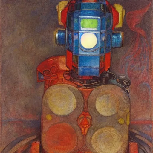 Image similar to the robot with his lantern and crown, by Annie Swynnerton and Diego Rivera , symbolist, dramatic lighting, elaborate geometric ornament, Art Brut, soft cool colors,smooth, sharp focus, extremely detailed, Adolf Wölfli and (Donato Giancola)