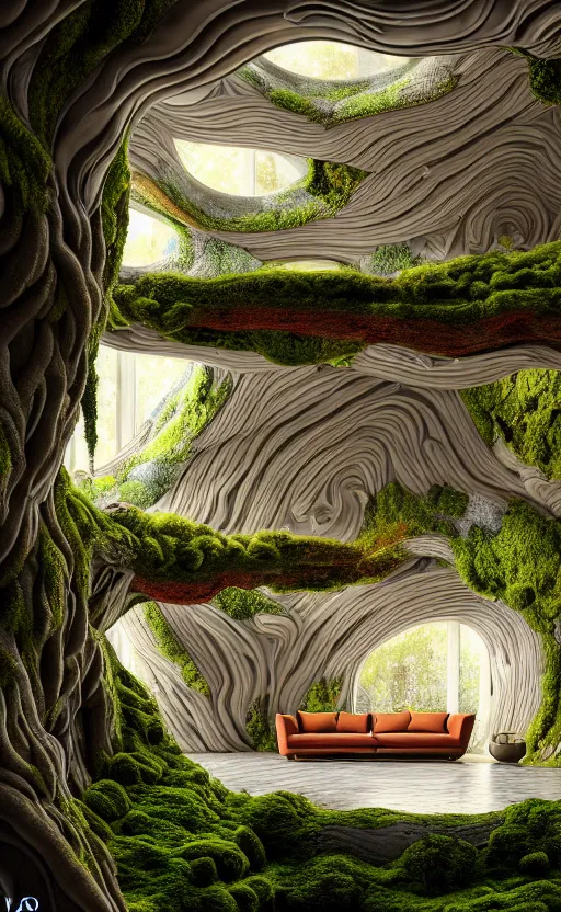 Image similar to highly detailed villa natural beautiful light interior soft cinematic composition of a smooth ceramic porcelain biomorphic magnolia stone nebula fluid sci - fi surreal colorful architecture landscape, furniture, granite, trees, marble, moss, lichen, fungi, vincent callebaut composition, mamou - mani, archviz, 8 k, unreal engine, hdr