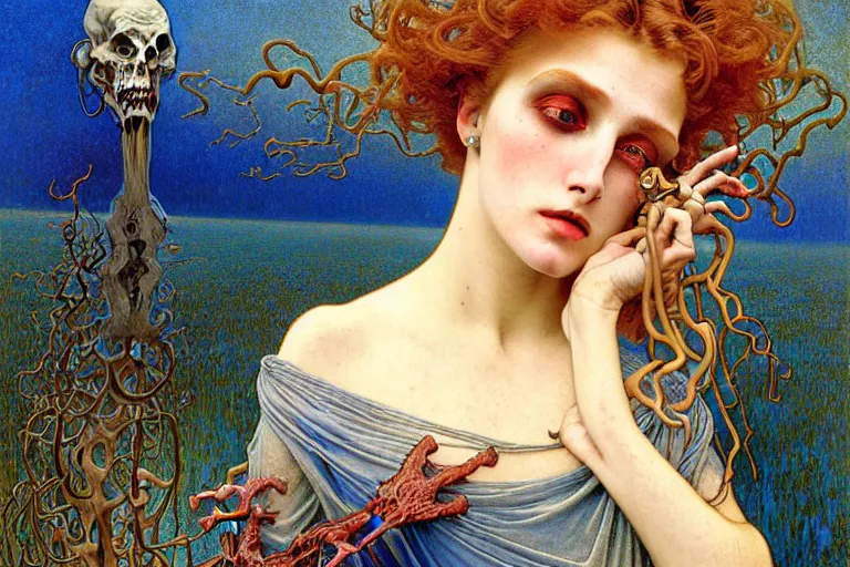 Image similar to realistic detailed portrait painting of a beautiful woman with a zombie, nightly graveyard landscape background by Jean Delville, Amano, Yves Tanguy, Alphonse Mucha, Ernst Haeckel, Edward Robert Hughes, Roger Dean, rich moody colours, blue eyes