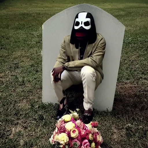 Image similar to MF DOOM wearing MF DOOM mask standing in a graveyard with a dug up coffin