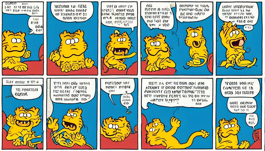 Image similar to 3 panel garfield comic by jim davis depicting charles manson slipping on a banana peel