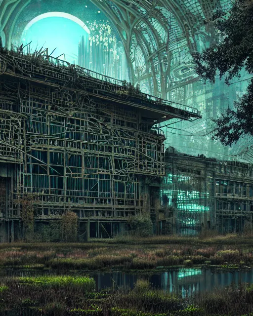 Prompt: a beautiful hyperdetailed rendering of nature abandoned swamp city unfinished building industrial architecture by louis sullivan, cosmic at dusk nightvision meadow dramatic lighting cyberpunk alien uv light flowers morning sun synthwave, archdaily, wallpaper, highly detailed, trending on artstation.