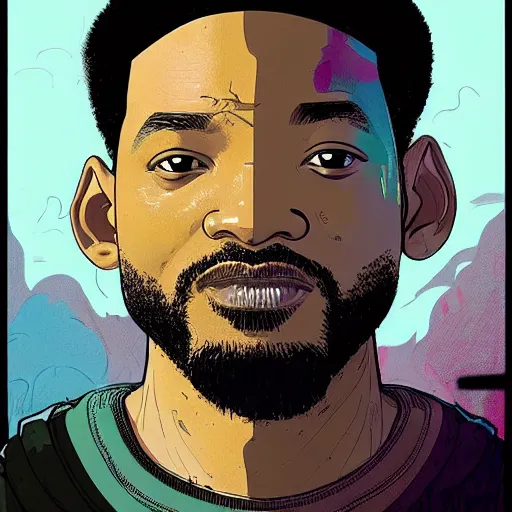 Prompt: a study of cell shaded portrait of will smith concept art, llustration, post grunge, concept art by josan gonzales and wlop, by james jean, Victo ngai, David Rubín, Mike Mignola, Laurie Greasley, highly detailed, sharp focus, alien, Trending on Artstation, HQ, deviantart, art by artgem