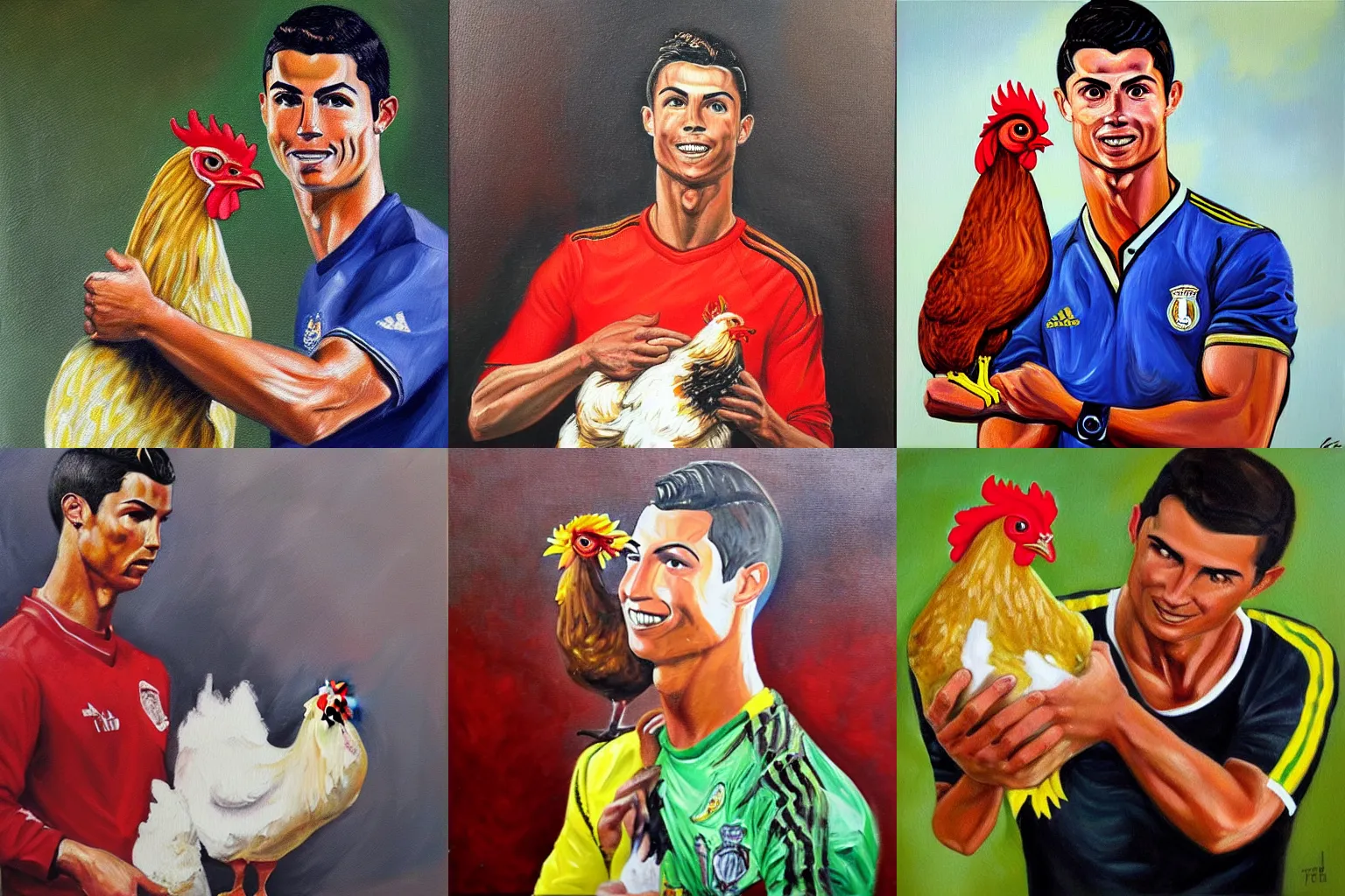 Prompt: Cristiano ronaldo holding a chicken, oil painting from the 1980s