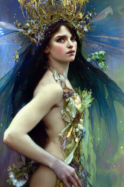 Image similar to hyperrealist portrait of a fairy girl emperorit is decorated with long robes that fall like stars and wears a huge crown. by jeremy mann and alphonse mucha, fantasy art, photo realistic, dynamic lighting, artstation, poster, volumetric lighting, very detailed faces, 4 k, award winning