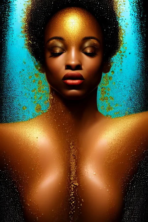 Image similar to hyperrealistic post - futurist cinematic profile very expressive! black oshun goddess, in water! up to shoulders, mirror dripping droplet!, gold flowers, highly detailed face, digital art masterpiece, smooth eric zener cam de leon, dramatic pearlescent turquoise light on one side, low angle uhd 8 k, shallow depth of field