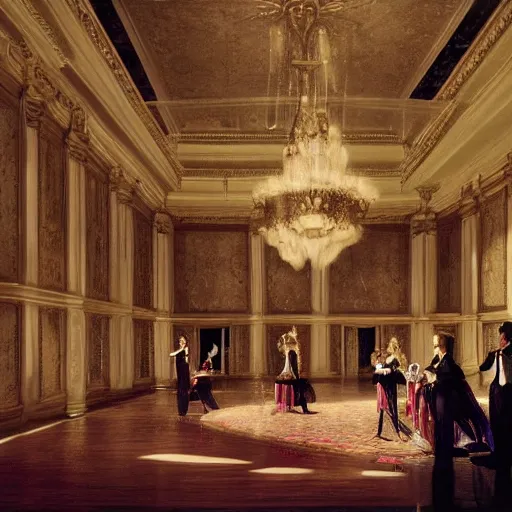 Prompt: opulent anglocore ballroom with tall ceilings and tall windows, French provincial furniture, a beautiful tall princess is singing, a beautiful woman singing, musicians playing instruments, Men in tuxedos, Volumetric light rays, fancy drapery on furniture, palace, victorian, by Greg Rutkowski