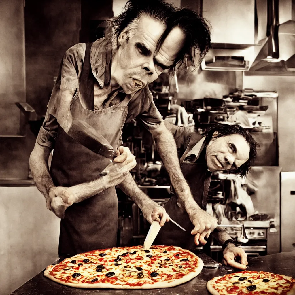 Prompt: award winning photo of nick cave baking pizza, vivid colors, happy, symmetrical face, beautiful eyes, studio lighting, wide shot art by Sally Mann & Arnold Newman