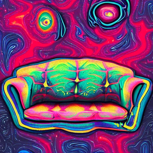 Image similar to psychedelic trippy couch in space, planets, milky way, sofa, rob zombie, arnold fischer, croissant, 1 9 9 0 grunge basement, richard parker, extremely toxic, forensic files, crazy trippy, bad trip, train with couch, chesterfield, old couch, rickety couch, stained couch
