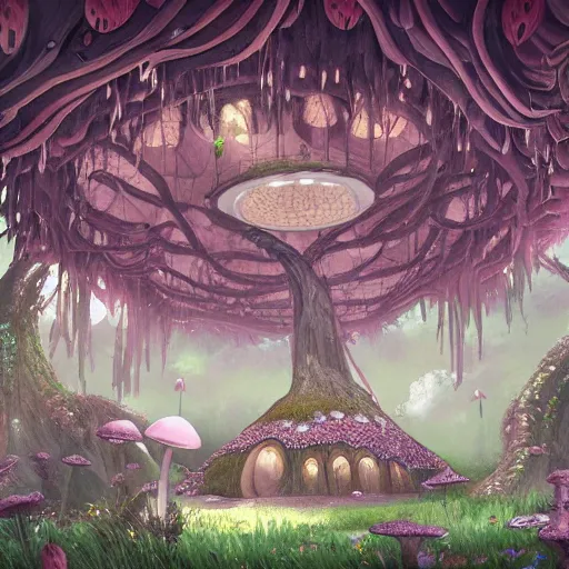 Image similar to concept art painting of a interior of a circular fantasy fungus house made of mushrooms, with black vines, realistic, detailed, cel shaded, magenta and gray, dark, in the style of makoto shinkai and greg rutkowski and james gurney