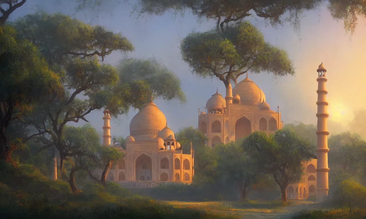 Prompt: a painting of a taj mahal in a mystical forest full of wonders, apple trees, magical atmosphere, trending on artstation, 30mm, by Tyler Edlin, by Noah Bradley